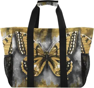 susiyo Modern Golden Butterfly Reusable Grocery Tote Bag Collapsible Canvas Beach Bag Large Travel Bags for Hiking Trip Pool