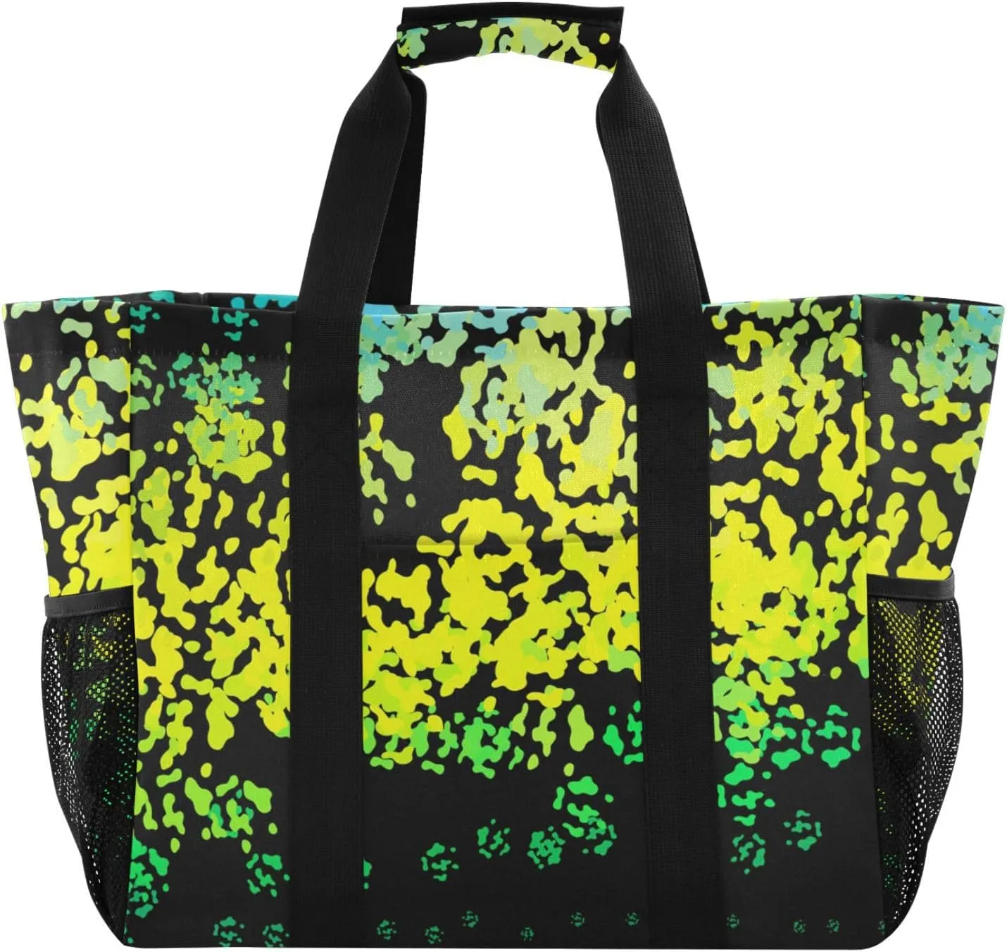 susiyo Modern Green Yellow Pattern Large Grocery Tote Bag Reusable Collapsible Beach Bag Canvas Travel Bag for Picnic Trip Pool