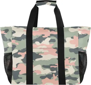 susiyo Modern Pink and Green Camouflage Reusable Grocery Tote Bag Collapsible Canvas Beach Bag Large Travel Bags for Hiking Trip Pool