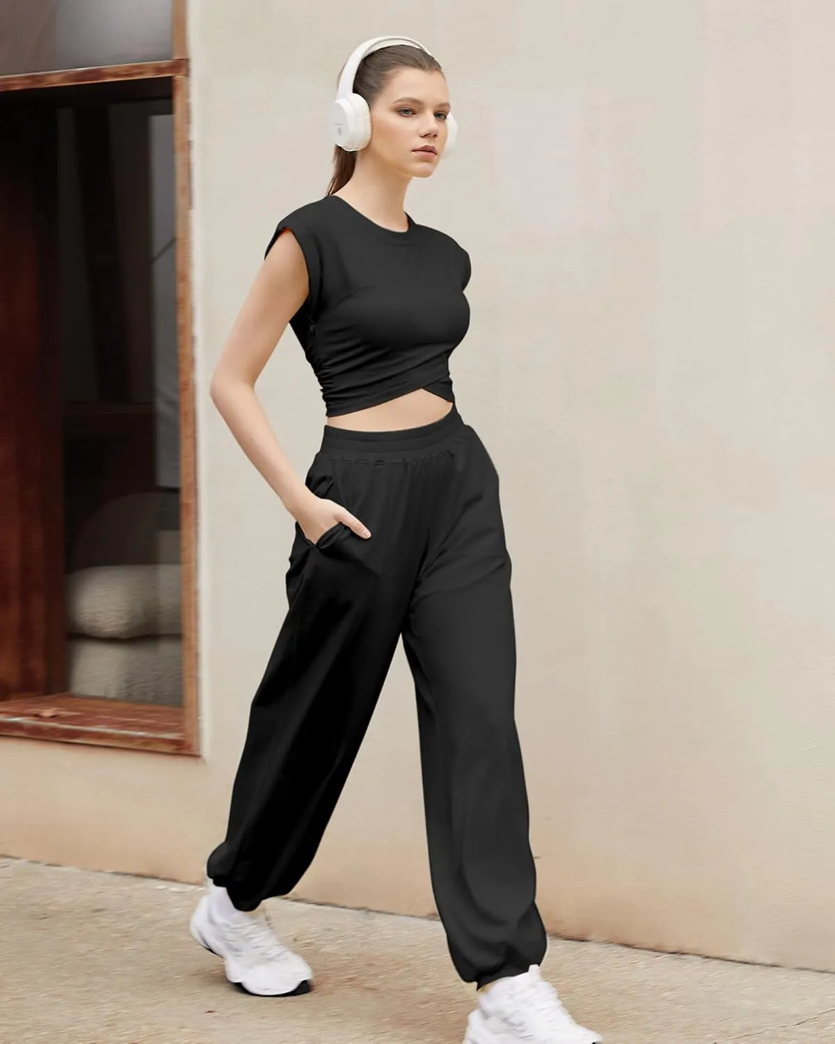 SUUKSESS Women 2 Piece Matching Lounge Workout Sets Outfits Sleeveless Cropped Tops Summer High Waisted Wide Leg Pants