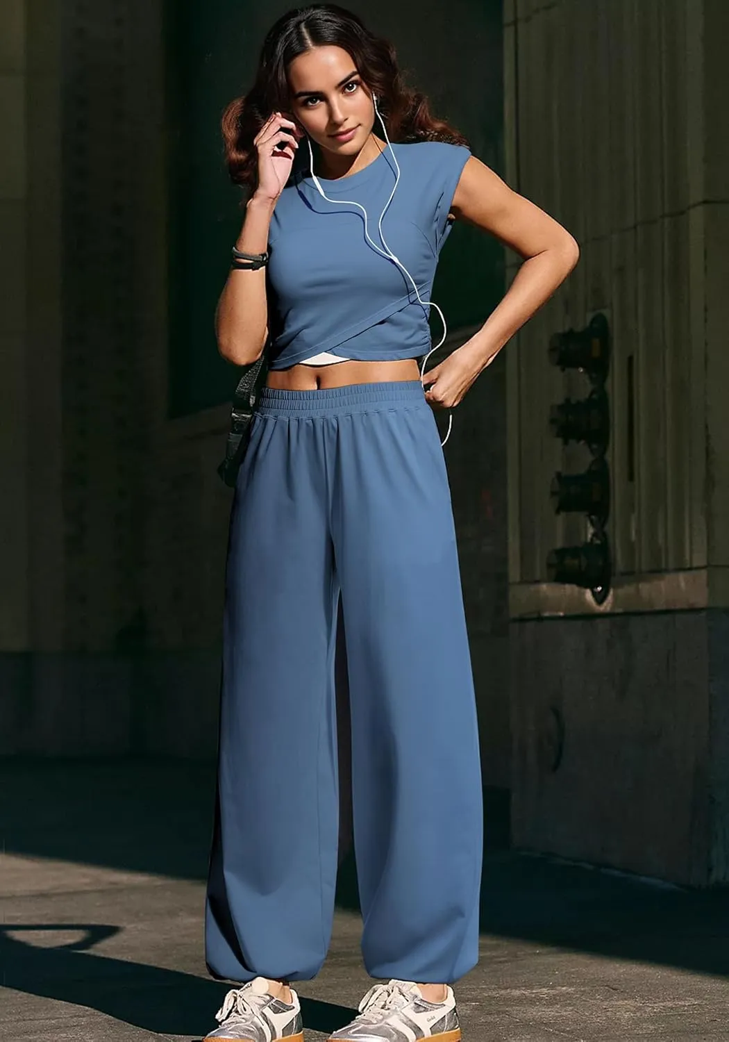 SUUKSESS Women 2 Piece Matching Lounge Workout Sets Outfits Sleeveless Cropped Tops Summer High Waisted Wide Leg Pants