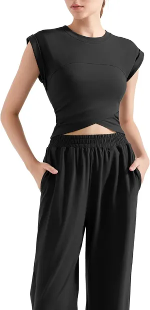 SUUKSESS Women 2 Piece Matching Lounge Workout Sets Outfits Sleeveless Cropped Tops Summer High Waisted Wide Leg Pants