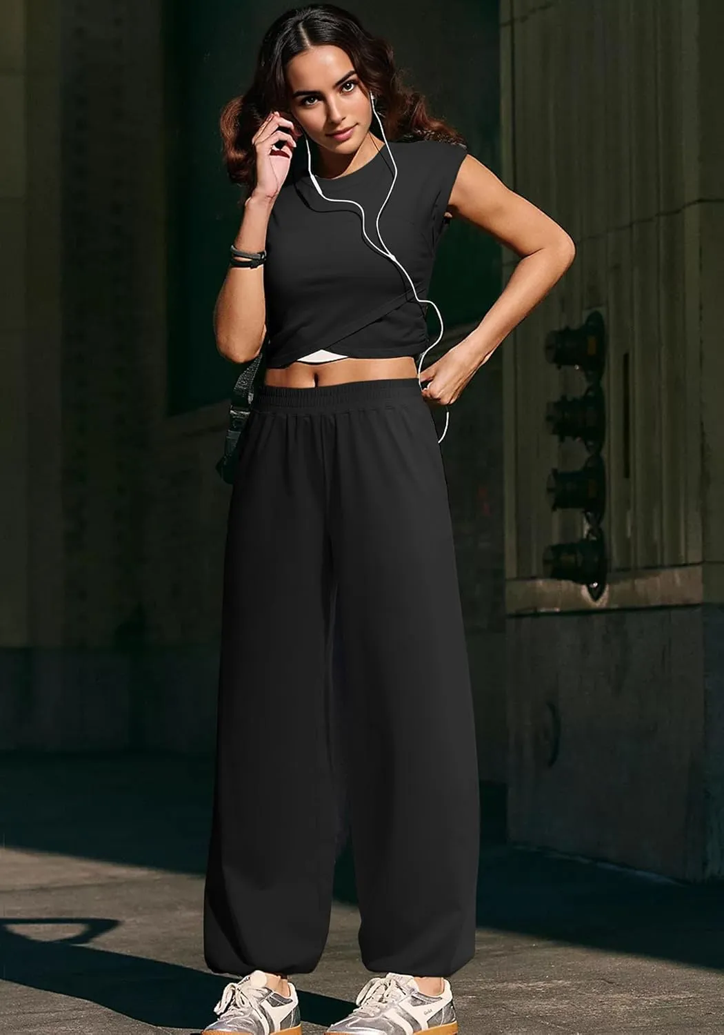 SUUKSESS Women 2 Piece Matching Lounge Workout Sets Outfits Sleeveless Cropped Tops Summer High Waisted Wide Leg Pants