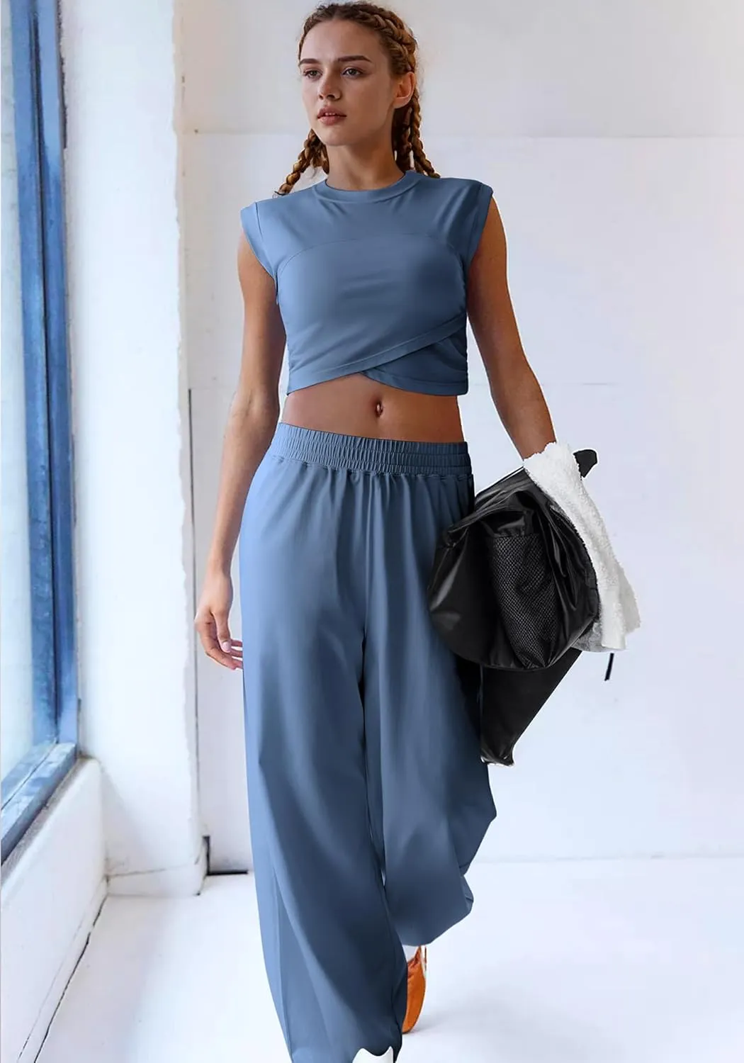 SUUKSESS Women 2 Piece Matching Lounge Workout Sets Outfits Sleeveless Cropped Tops Summer High Waisted Wide Leg Pants