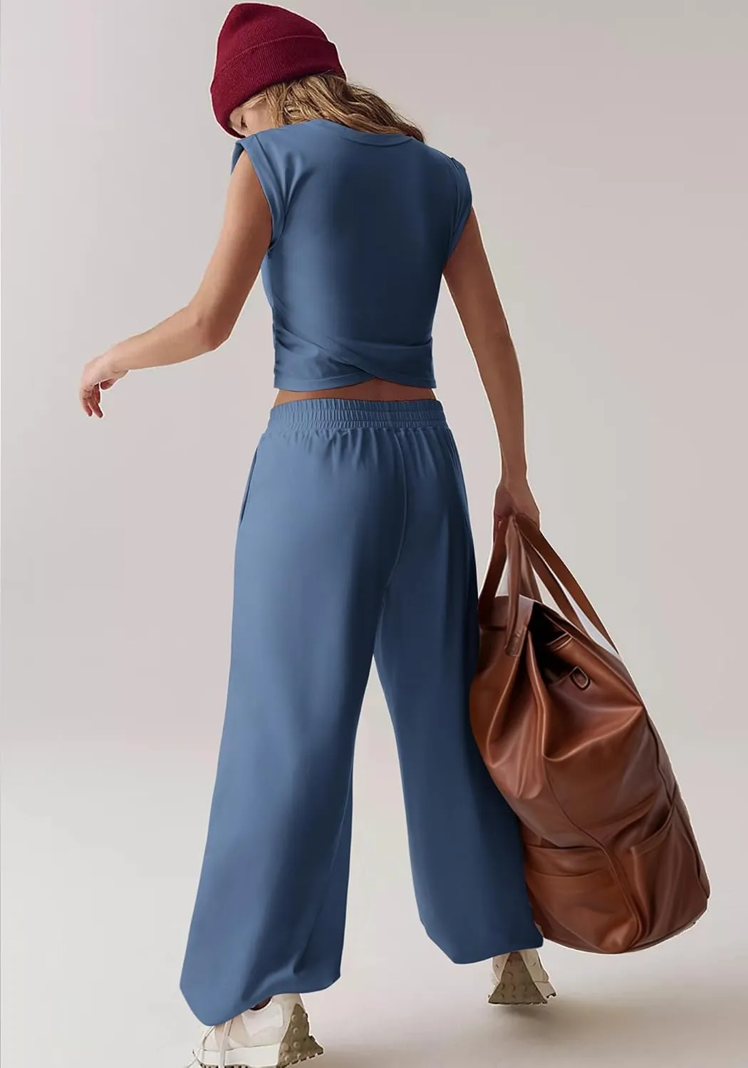 SUUKSESS Women 2 Piece Matching Lounge Workout Sets Outfits Sleeveless Cropped Tops Summer High Waisted Wide Leg Pants