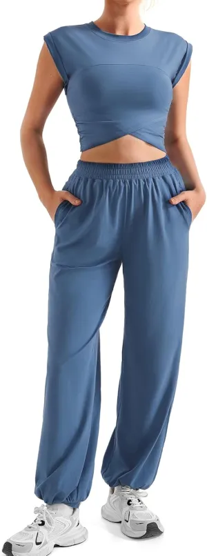 SUUKSESS Women 2 Piece Matching Lounge Workout Sets Outfits Sleeveless Cropped Tops Summer High Waisted Wide Leg Pants
