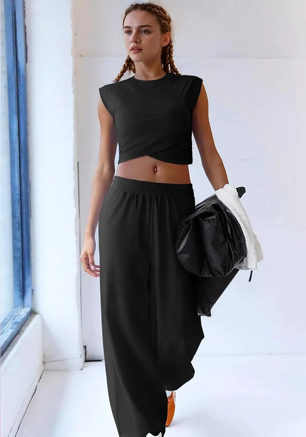 SUUKSESS Women 2 Piece Matching Lounge Workout Sets Outfits Sleeveless Cropped Tops Summer High Waisted Wide Leg Pants