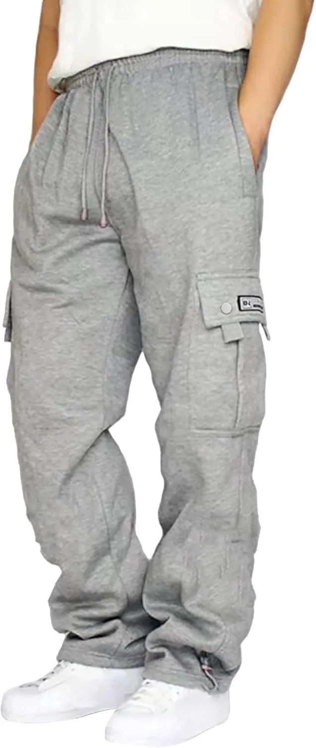 Sweatpants for Men Tapered Cargo Retro Sports Elastic Waist Solid Split Utility Regular Fit Pants