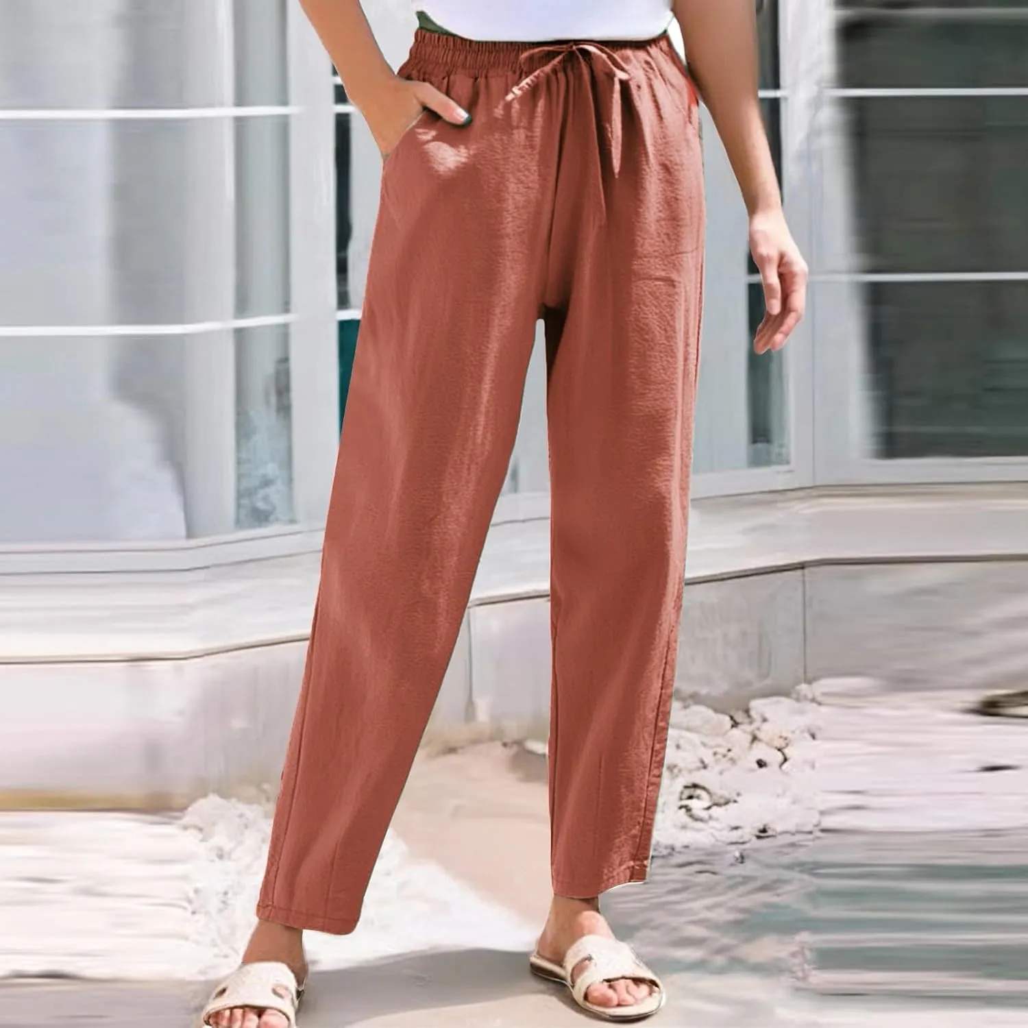 Sweatpants Women Golf Cotton Linen Low Rise,Wide Leg Pants Striped, Trousers with Pockets Baggy Wide