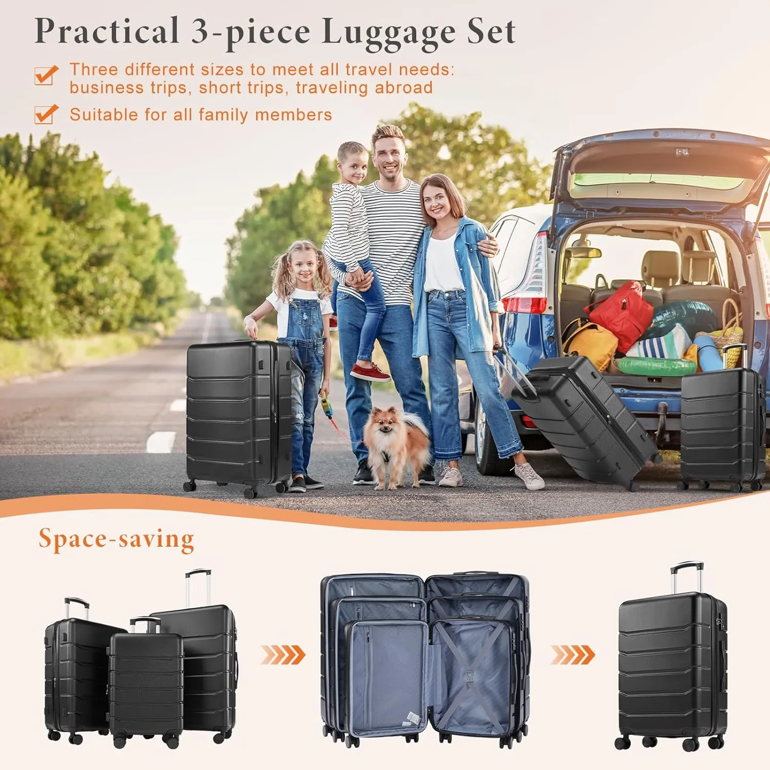 Sweetcrispy Luggage Spinner Wheels Lightweight Expandable Travel Hard Shell Suitcases with TSA Lock, Modern Black, 3-Piece Set (20/24/28)