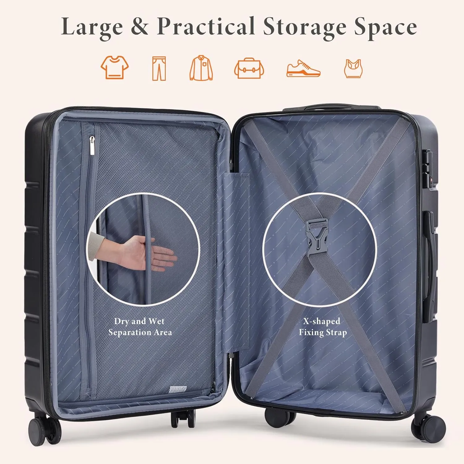 Sweetcrispy Luggage Spinner Wheels Lightweight Expandable Travel Hard Shell Suitcases with TSA Lock, Modern Black, 3-Piece Set (20/24/28)