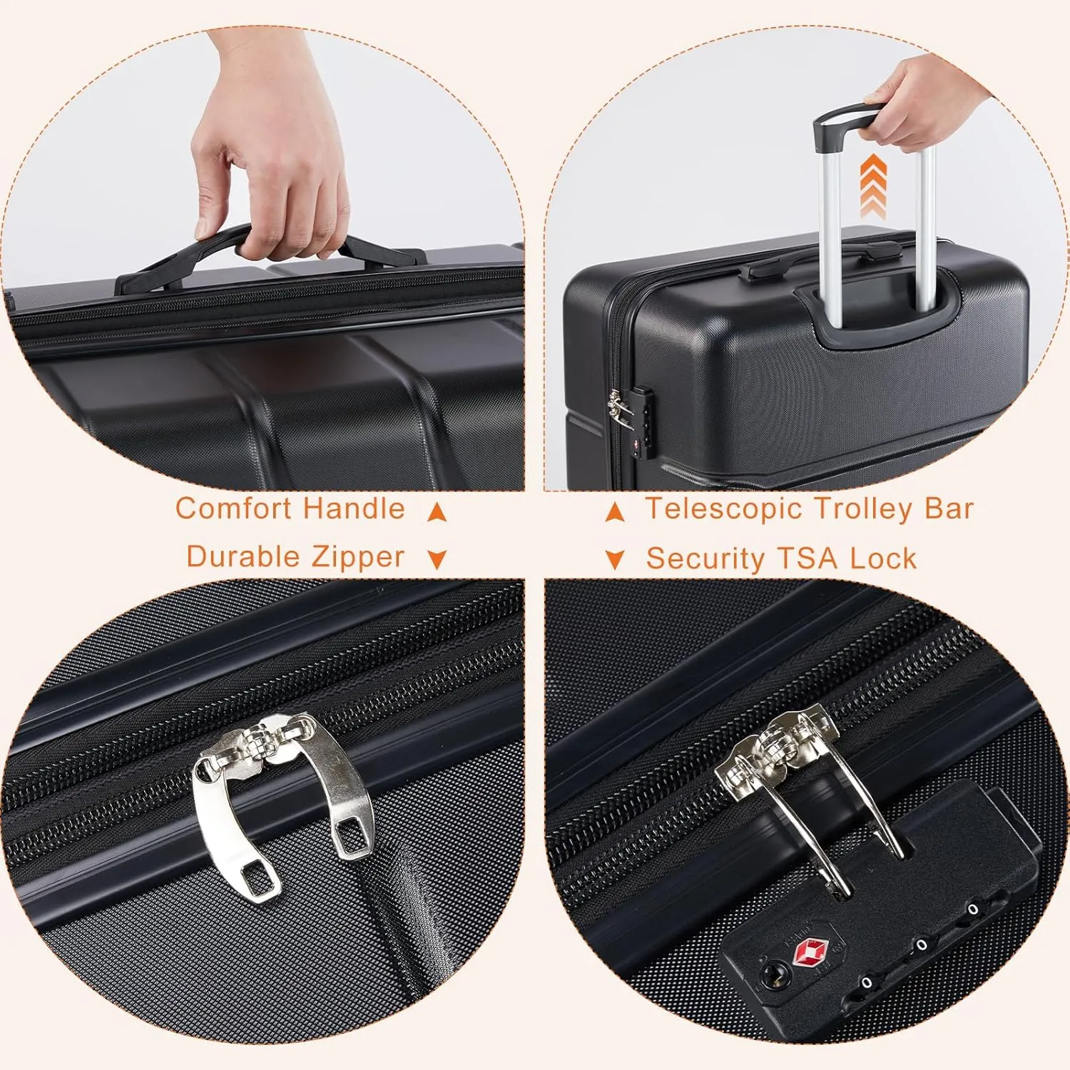 Sweetcrispy Luggage Spinner Wheels Lightweight Expandable Travel Hard Shell Suitcases with TSA Lock, Modern Black, 3-Piece Set (20/24/28)