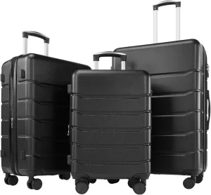Sweetcrispy Luggage Spinner Wheels Lightweight Expandable Travel Hard Shell Suitcases with TSA Lock, Modern Black, 3-Piece Set (20/24/28)