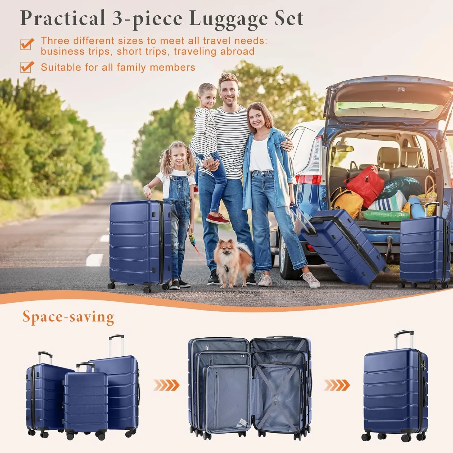 Sweetcrispy Luggage Spinner Wheels Lightweight Expandable Travel Hard Shell Suitcases with TSA Lock, Modern Blue, 3-Piece Set (20/24/28)
