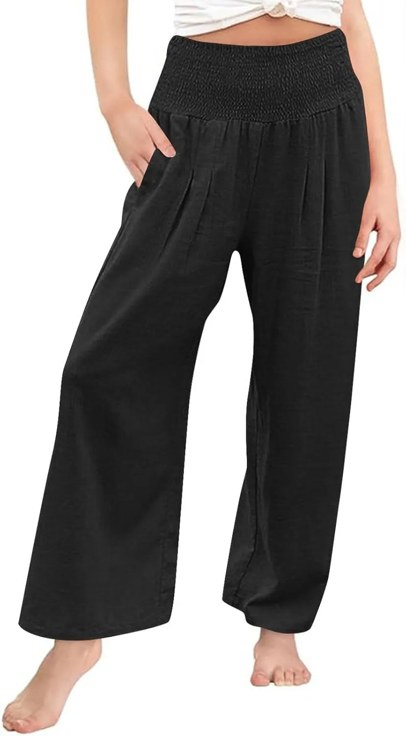 Teen Girls Cotton Linen Palazzo Pants Summer High Waist Casual Lounge Wide Leg Pant 2025 Beach Travel Resort Trousers