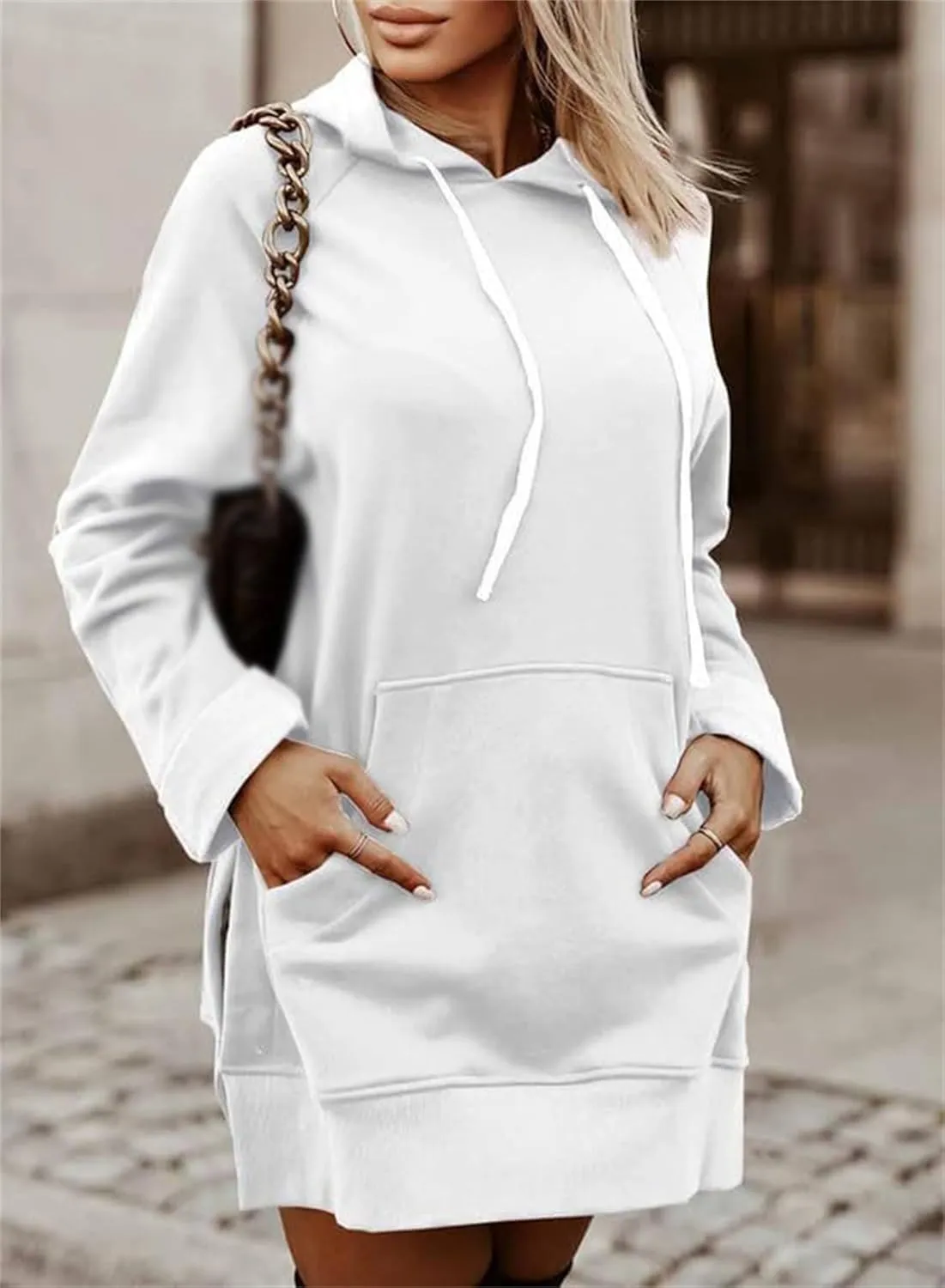 The Oversized Hoodie Dress Women, Women's Casual Pullover Sweatshirt Long Sleeve Split Hem Hoodie Dress with Pocket
