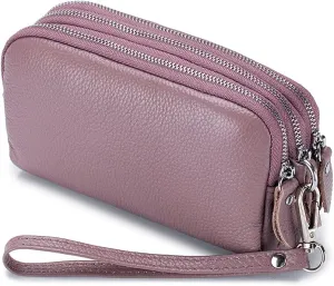 Three-Zipper Ladies Purse Coin Pocket First Layer Cowhide Leather Phone Bag for Women Large Capacity Long Clutch Wristlet Wallet with Key Chain, Lotus Root Purple, Small, Modern