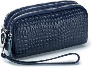 Three Zipper Ladies Wallet Coin Purse Genuine Leather Phone Bag Women Large Capacity Long Clutch with Wristlet Strap Multi-Function Handbag, Blue, M, Modern