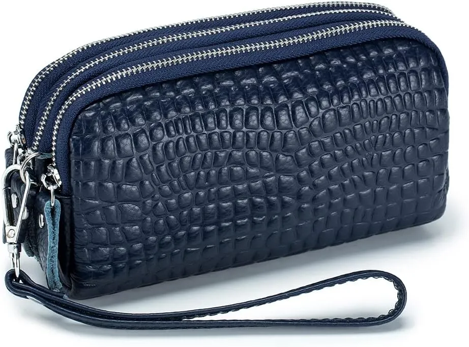Three Zipper Ladies Wallet Coin Purse Genuine Leather Phone Bag Women Large Capacity Long Clutch with Wristlet Strap Multi-Function Handbag, Blue, M, Modern