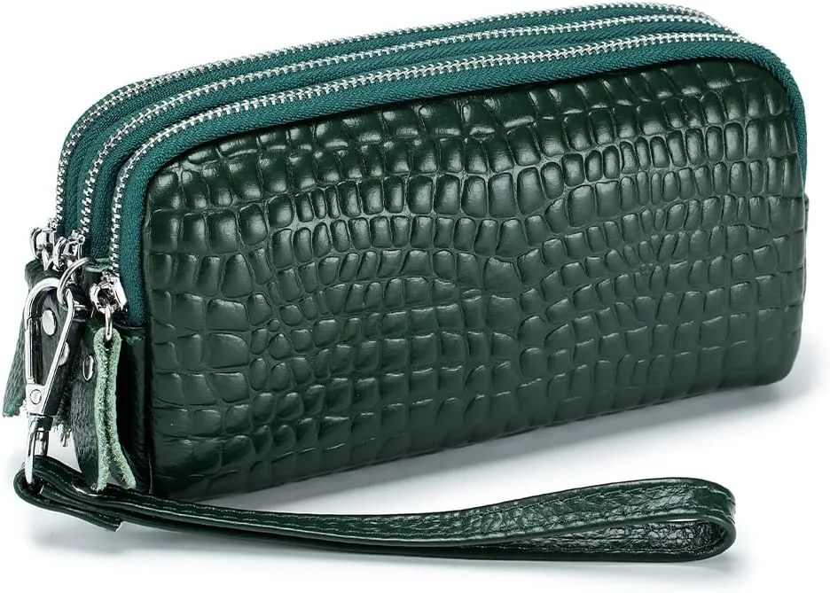 Three Zipper Ladies Wallet Coin Purse Genuine Leather Phone Bag Women Large Capacity Long Clutch with Wristlet Strap Multi-Function Handbag, Green, M, Modern