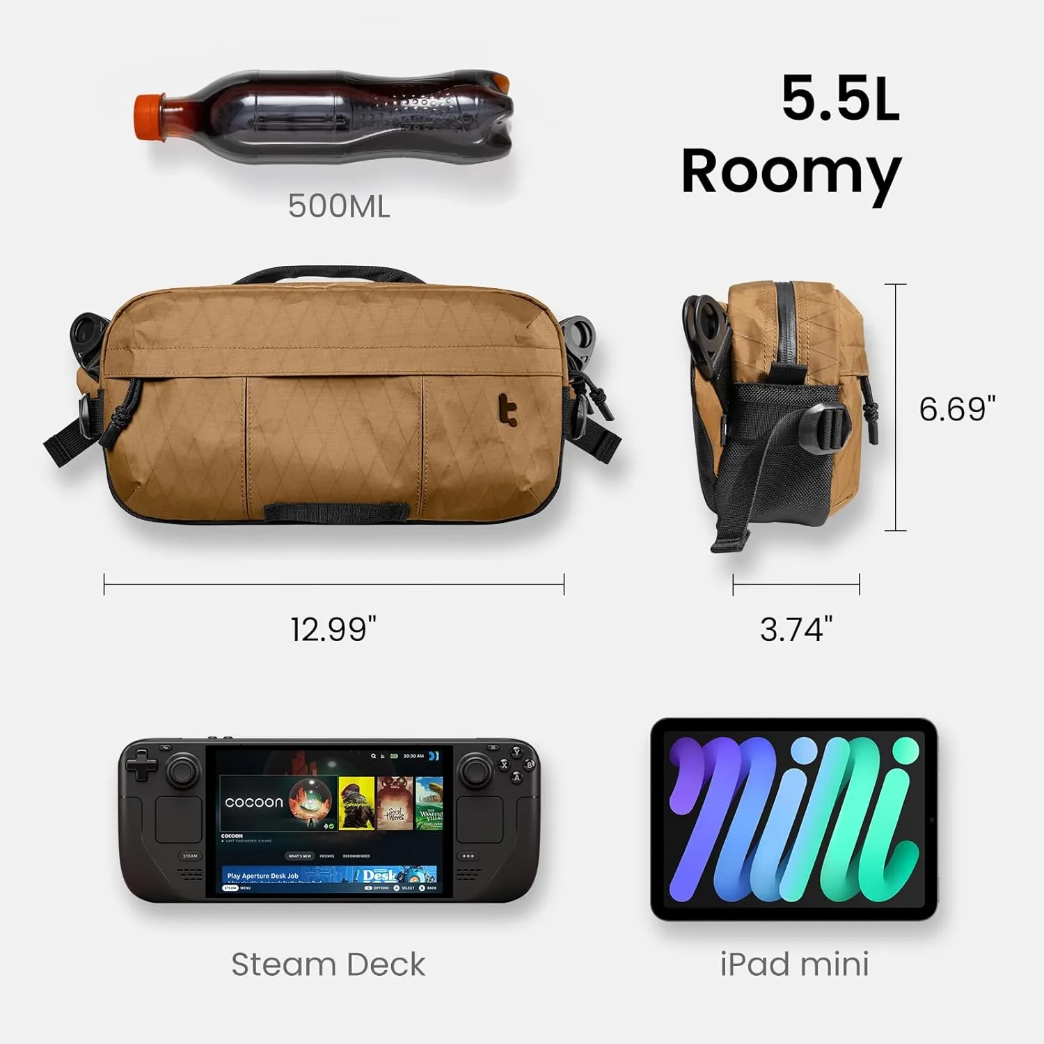 tomtoc 5.5L X-Pac Sling Bag, Heavy Duty Crossbody Bag for Men, Water-resistant Carry Chest Daypack Travel Shoulder Pack for Nintendo Switch 2, Steam Deck OLED, ROG Ally X, iPad mini, Tactical