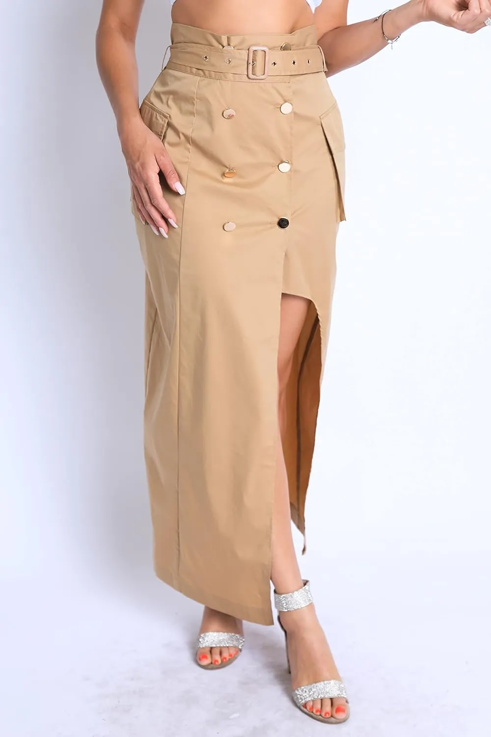 TOO HOT FASHIONS Women's Modern Asymmetric Pockets Detailed Back and Front Slits Self Belted Button Front Maxi Skirt