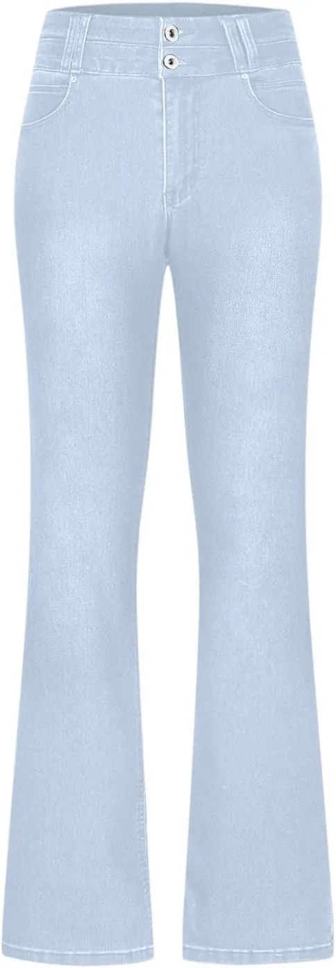 Uillui Bell Bottom Jeans for Women High Waist Slim Fit Flare Denim Pants Fashion Casual Button Pocket Trousers Straight Pant
