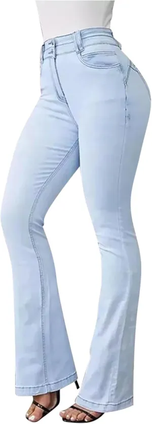 Uillui Bell Bottom Jeans for Women High Waist Slim Fit Flare Denim Pants Fashion Casual Button Pocket Trousers Straight Pant