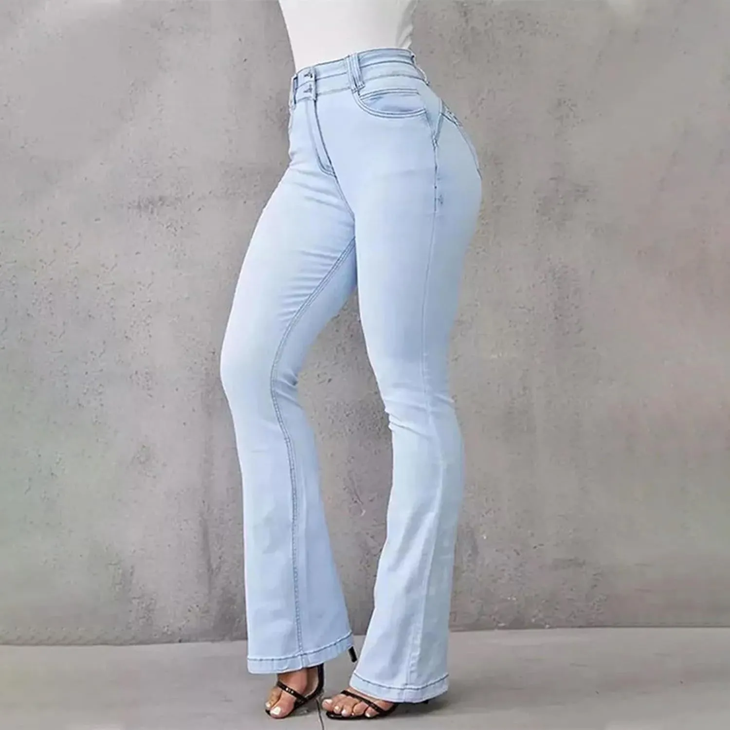 Uillui Bell Bottom Jeans for Women High Waist Slim Fit Flare Denim Pants Fashion Casual Button Pocket Trousers Straight Pant