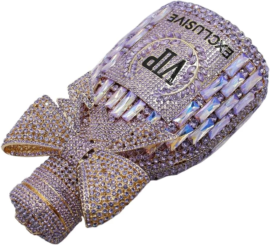 UMREN Women Champagne Bottle Rhinestone Evening Bag Sweet Bow Crystal Purse Clutch Unique Handbag Cocktail Party Shoulder Bag