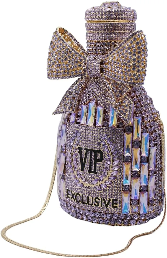 UMREN Women Champagne Bottle Rhinestone Evening Bag Sweet Bow Crystal Purse Clutch Unique Handbag Cocktail Party Shoulder Bag