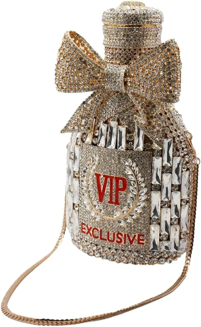 UMREN Women Champagne Bottle Rhinestone Evening Bag Sweet Bow Crystal Purse Clutch Unique Handbag Cocktail Party Shoulder Bag