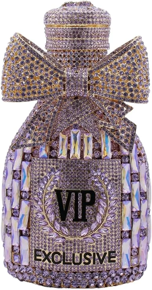 UMREN Women Champagne Bottle Rhinestone Evening Bag Sweet Bow Crystal Purse Clutch Unique Handbag Cocktail Party Shoulder Bag