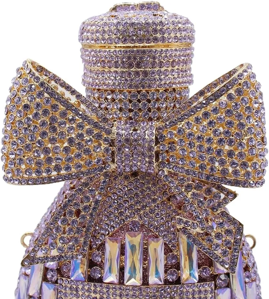 UMREN Women Champagne Bottle Rhinestone Evening Bag Sweet Bow Crystal Purse Clutch Unique Handbag Cocktail Party Shoulder Bag