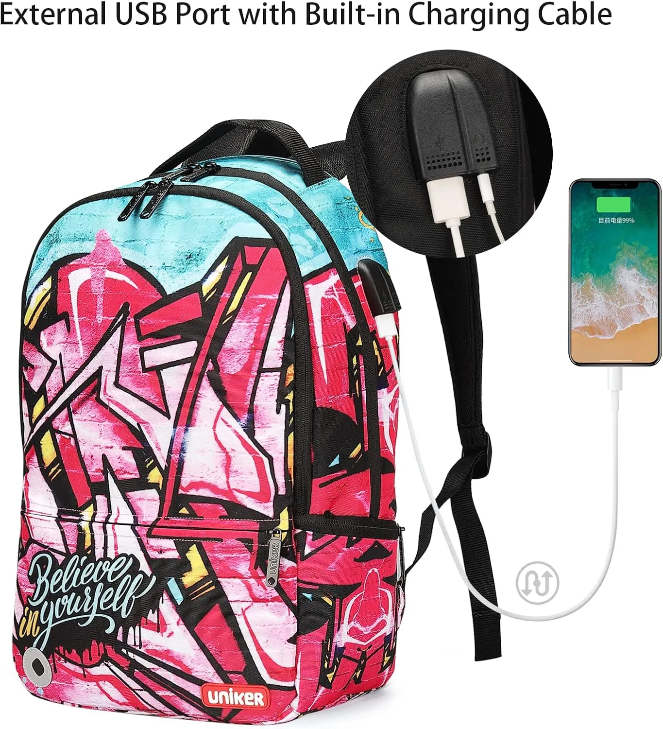 UNIKER Fashion 2 in 1 Backpack Set with Cosmetic Bag,Casual Daypack Women,Backpack and Carry-on 2pc set,Lightweight Travel Backpack,Laptop Backpack with with USB Port, Street Style