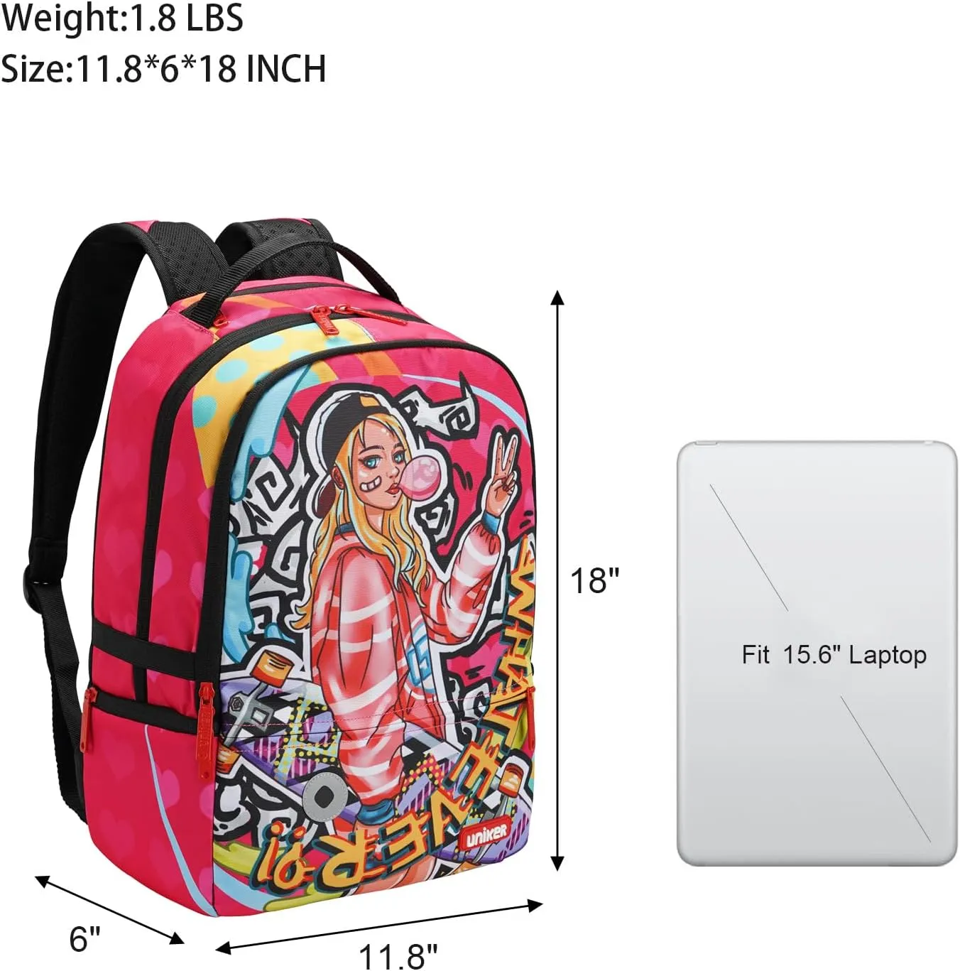 UNIKER Graffiti Backpack for Women,Casual Daypack Rose,Designer Laptop Backpack for 15.6 Inch,College Backpack Skateboarder Street Style Pack
