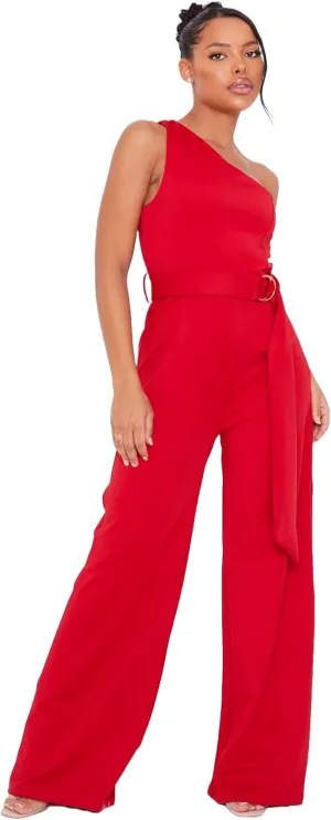 UNIQUE 21 One Shoulder Wide Leg Jumpsuit for Women with Ring Belt - Sleeveless Casual Loose Linen High Waist Rompers