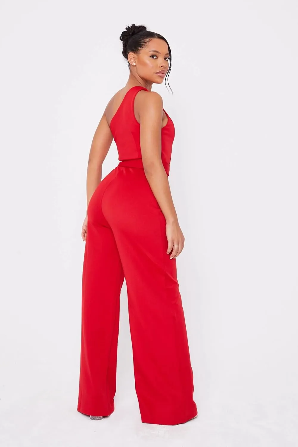 UNIQUE 21 One Shoulder Wide Leg Jumpsuit for Women with Ring Belt - Sleeveless Casual Loose Linen High Waist Rompers
