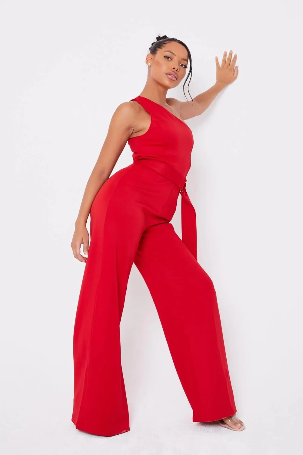 UNIQUE 21 One Shoulder Wide Leg Jumpsuit for Women with Ring Belt - Sleeveless Casual Loose Linen High Waist Rompers