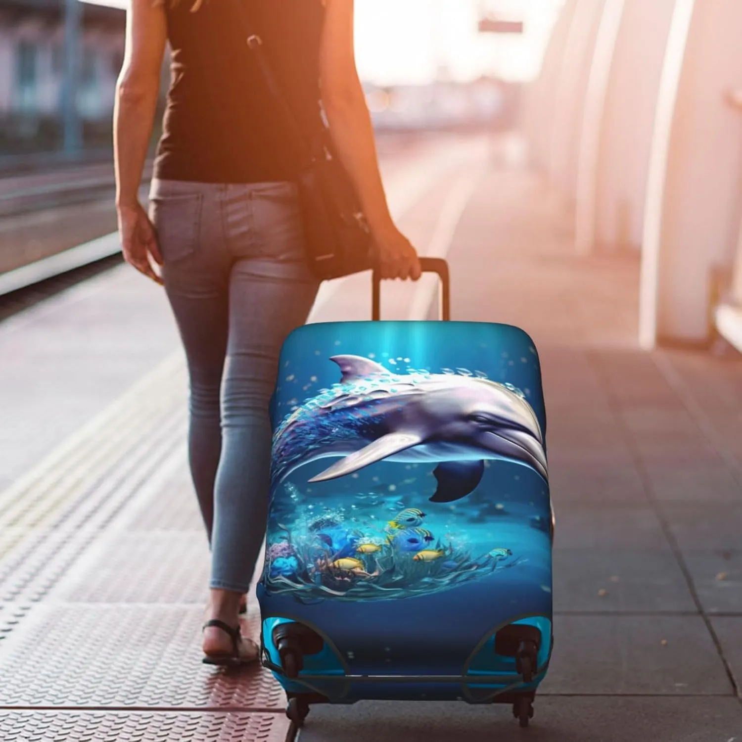 Unique 3d Animal Dolphin Travel Luggage Cover Suitcase Protector Fits 18-22 Inch Luggage,Anti Scratch Dirt Covers