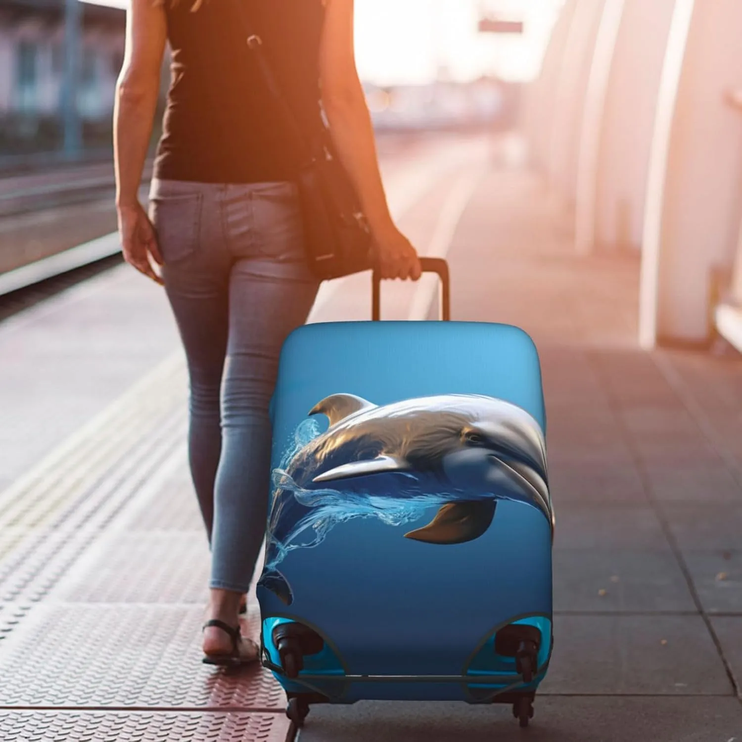 Unique 3d Animal Dolphin Travel Luggage Cover Suitcase Protector Fits 18-22 Inch Luggage,Anti Scratch Dirt Covers