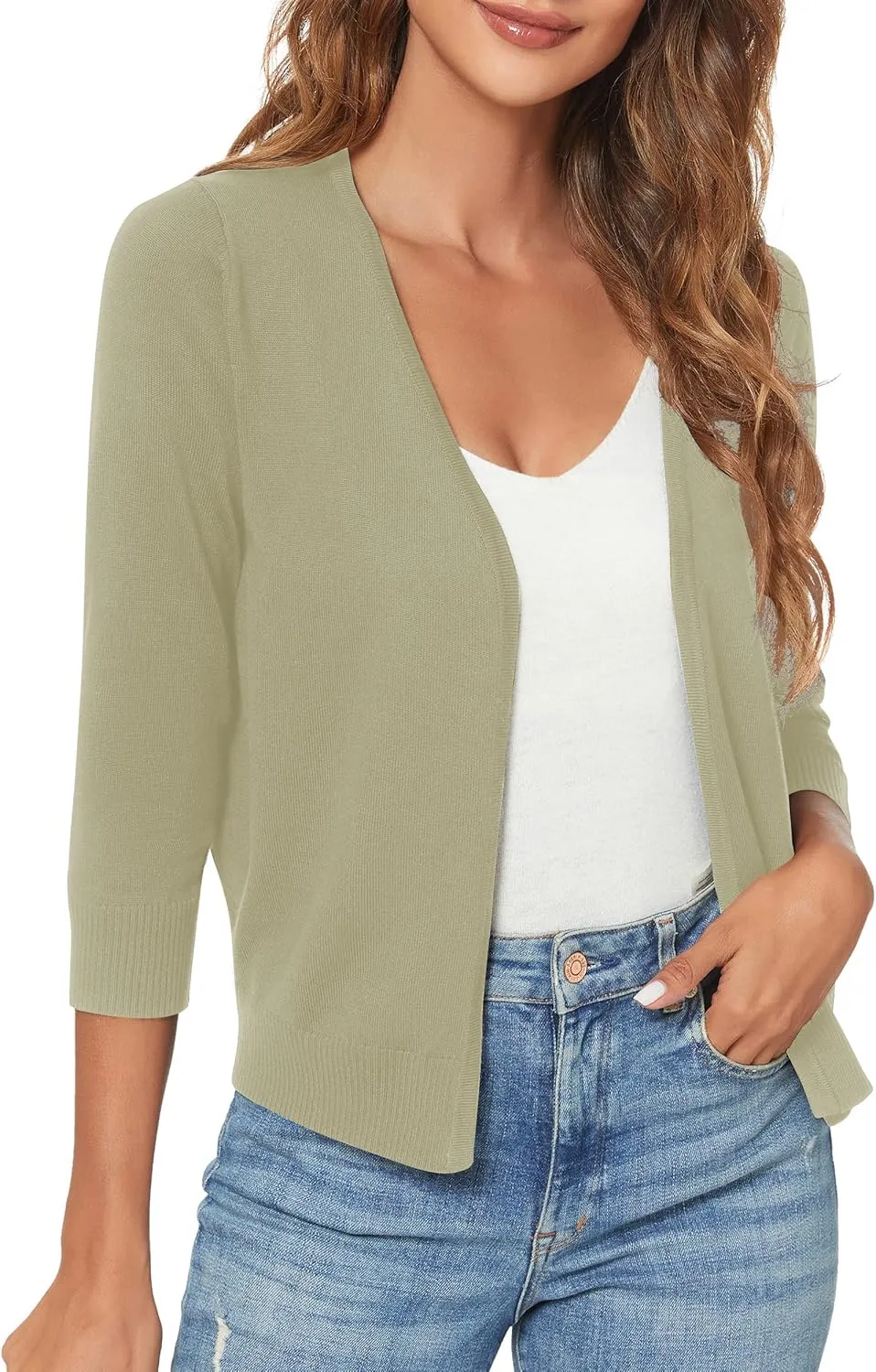 Urban CoCo Women's 3/4 Sleeve Shrugs Open Front Cropped Sweater Cardigan