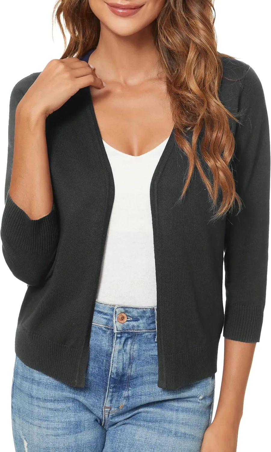 Urban CoCo Women's 3/4 Sleeve Shrugs Open Front Cropped Sweater Cardigan