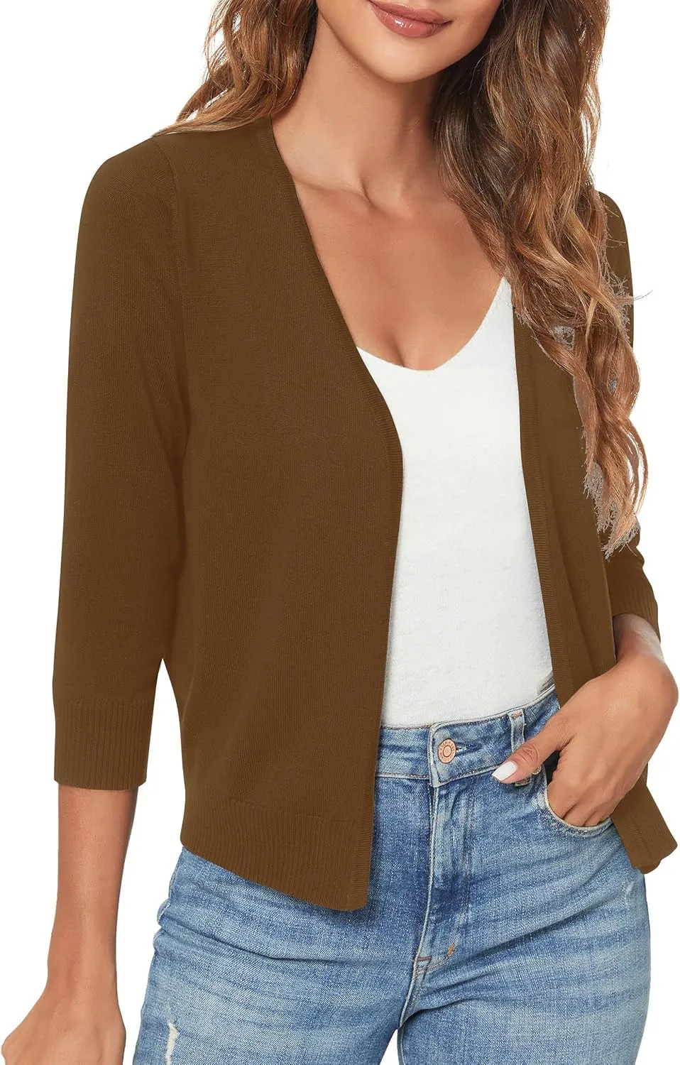 Urban CoCo Women's 3/4 Sleeve Shrugs Open Front Cropped Sweater Cardigan