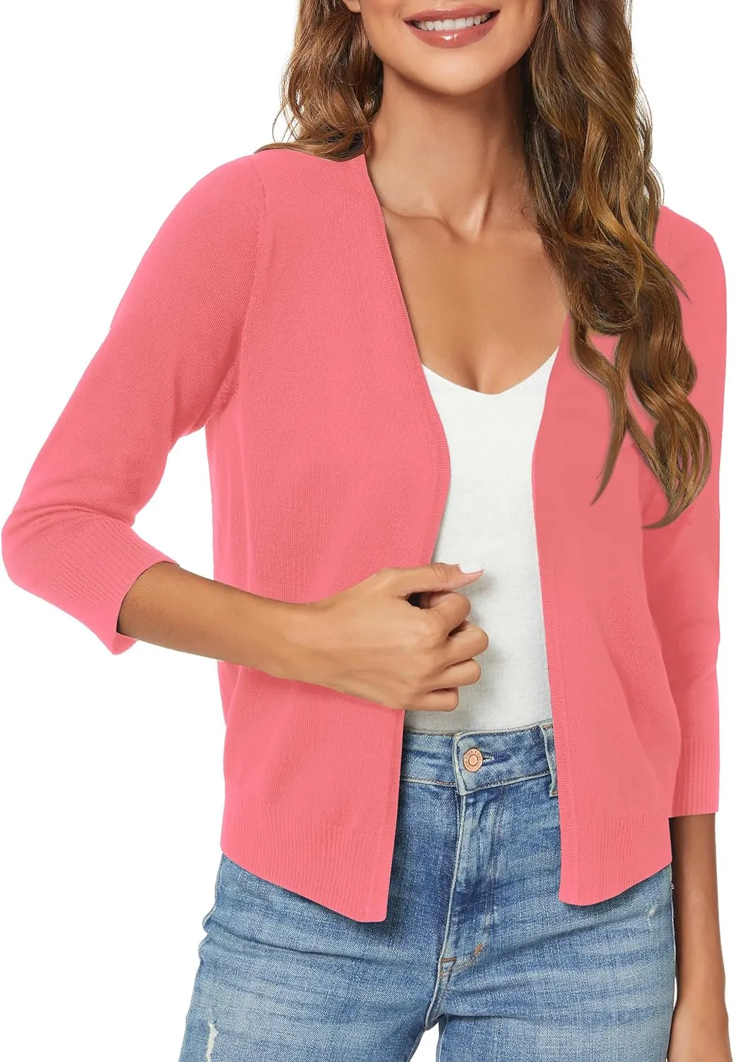 Urban CoCo Women's 3/4 Sleeve Shrugs Open Front Cropped Sweater Cardigan