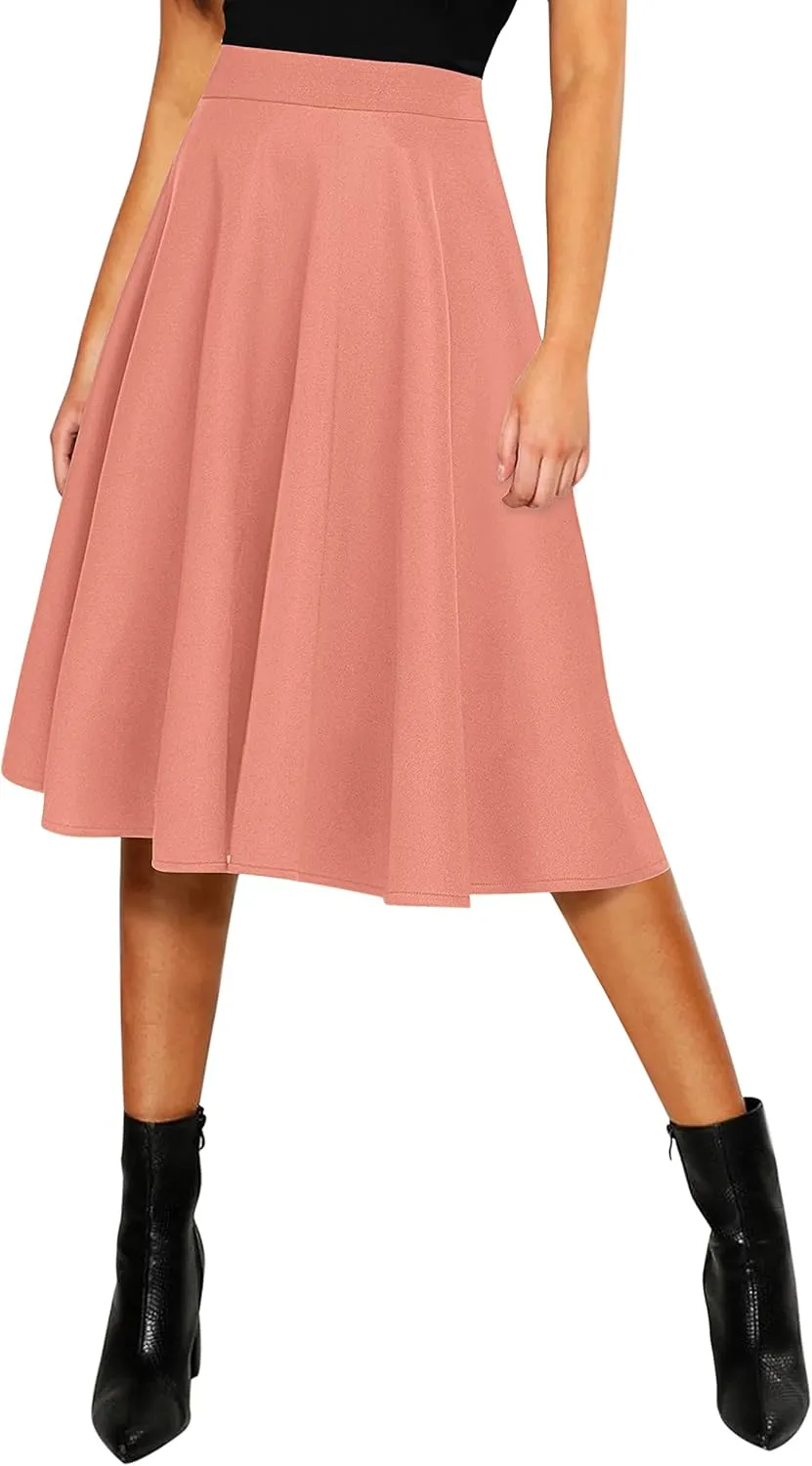 Urban CoCo Women's Basic Elastic Waist A-line Solid Flared Midi Skirt