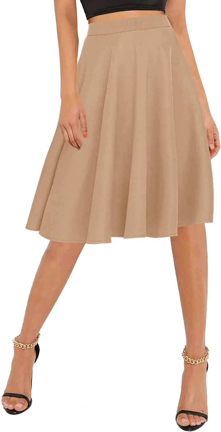 Urban CoCo Women's Basic Elastic Waist A-line Solid Flared Midi Skirt