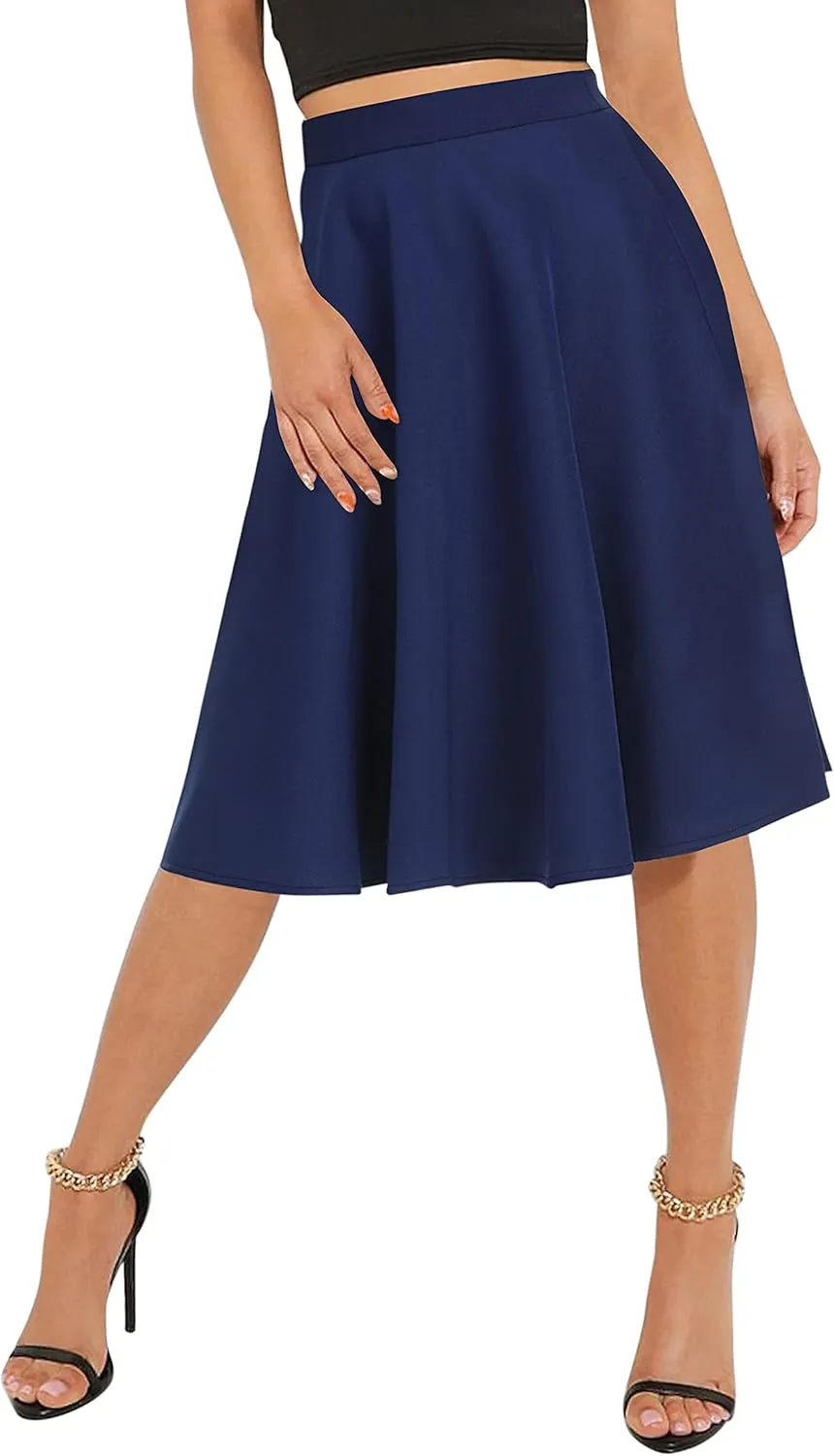 Urban CoCo Women's Basic Elastic Waist A-line Solid Flared Midi Skirt