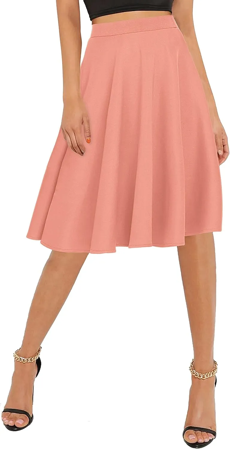 Urban CoCo Women's Basic Elastic Waist A-line Solid Flared Midi Skirt