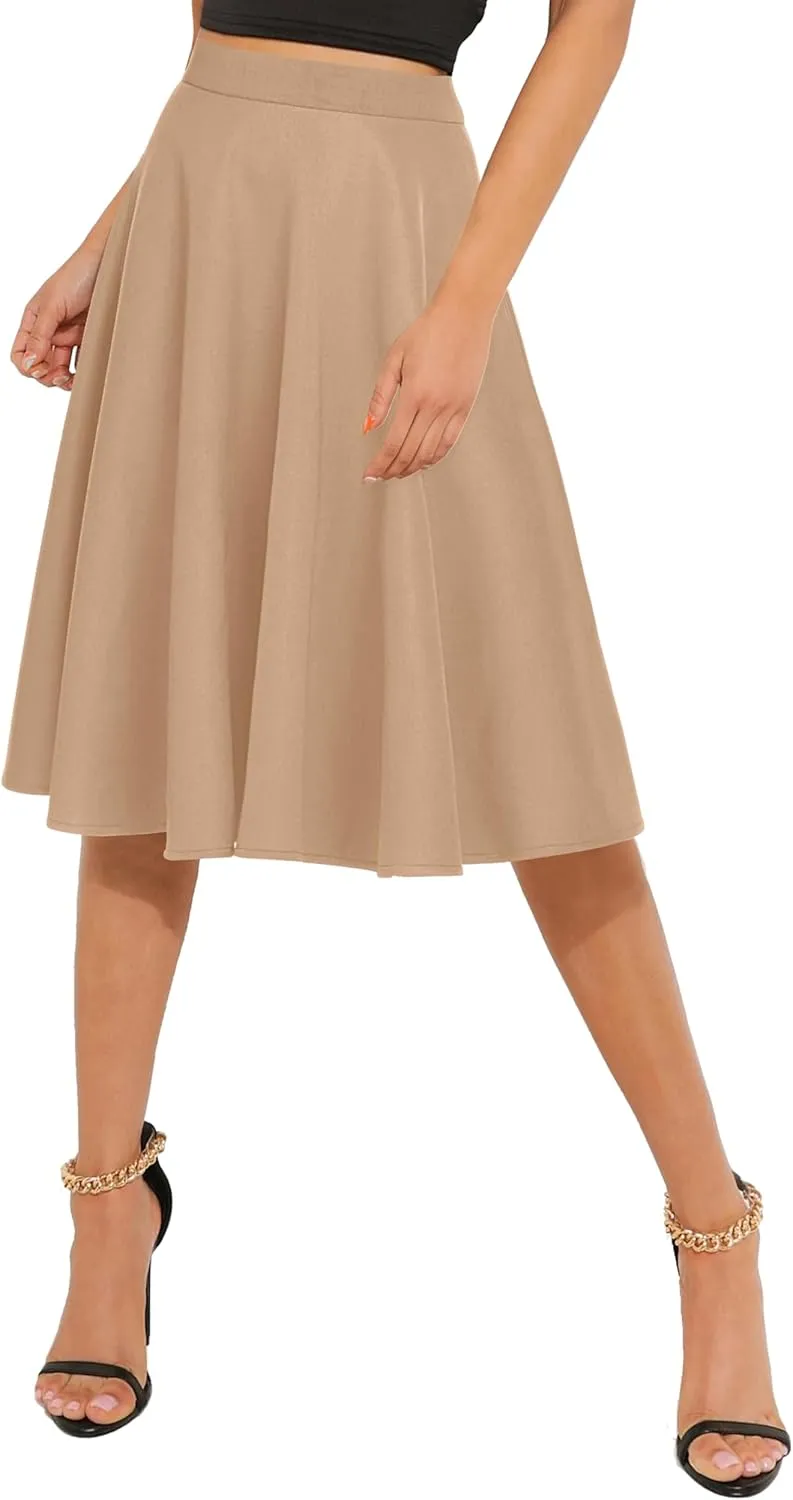 Urban CoCo Women's Basic Elastic Waist A-line Solid Flared Midi Skirt
